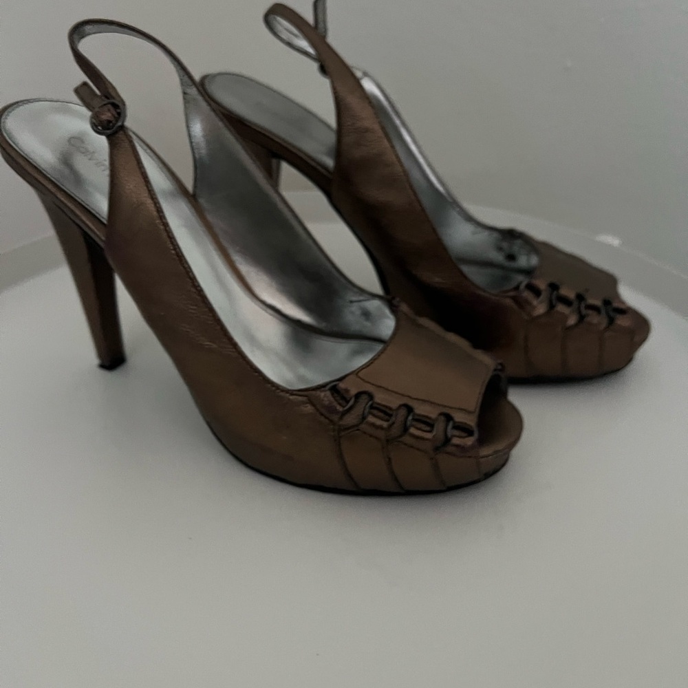 Calvin Klein Brown Leather Peep-Toe Slingback Heels